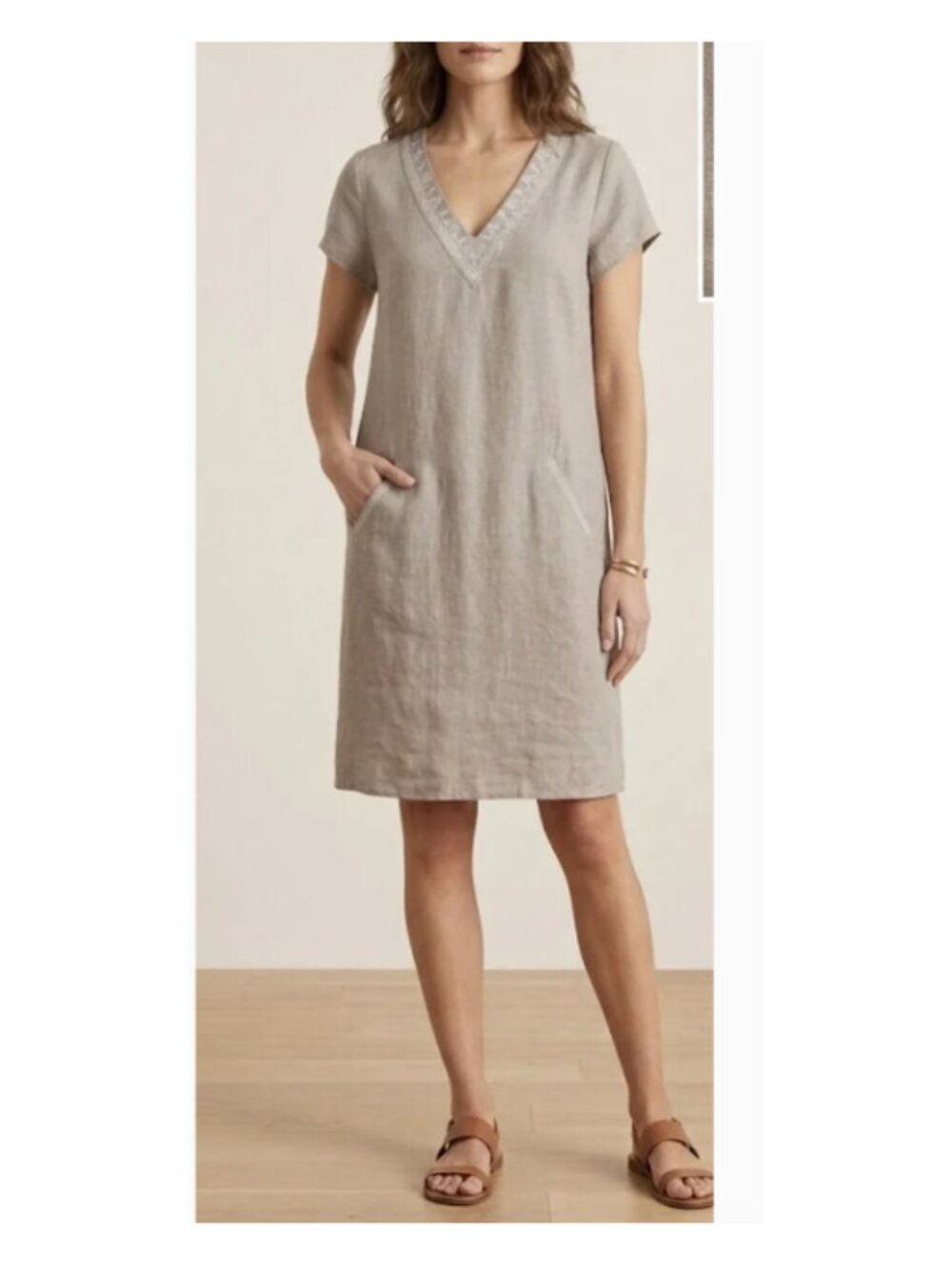 Garnet Hill Dress Womens 10 Beige Linen Embroidered V Neck Shift Pockets Casual - Picture 1 of 9